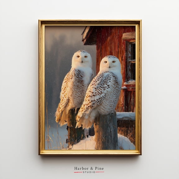 Snowy Owls Rustic Cabin Winter Wildlife Wall Art, Unframed Paper Poster 8x10in