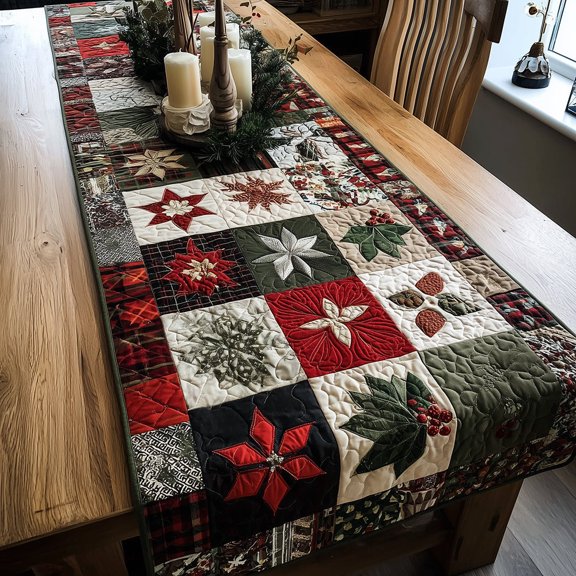 Snowy Pattern Quilted Table Runner, Decorative Dining Table Accent for Kitchen and Home