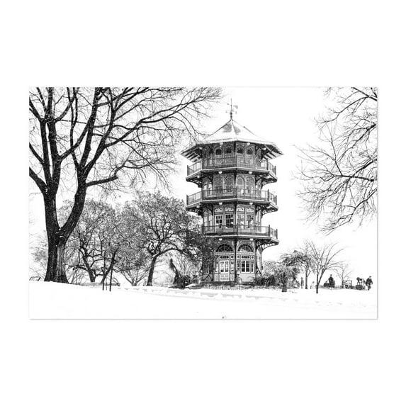 Snowy Patterson Park Pagoda B&W - Baltimore Maryland Photography Black and White Winter Architecture Snow Scenic Vintage City Unframed Wall Art Print 40 x 60 inches