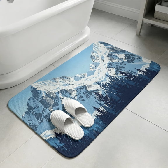 Snowy Peak Bathroom Rugs Non Slip Washable Bath Mat Absorbent Front Door Mat Pine Forest Winter Mountain Evergreen Trees Indoor Doormat for Kitchen Entryway Shower Decor Accessories 15.7"x23.6"