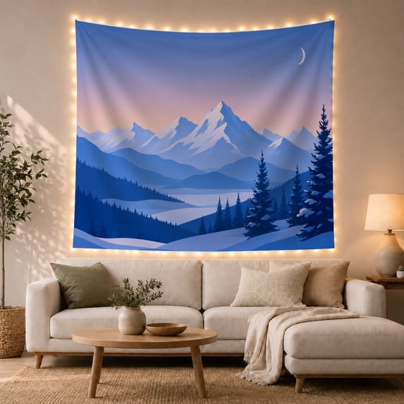 Snowy Peak Above Pines under Crescent Moon, Dreamy Illustration for Nature Lovers, Winter Wilderness Decor, Christmas Gift, Tapestry Wall Hanging for Bedroom and Dorm