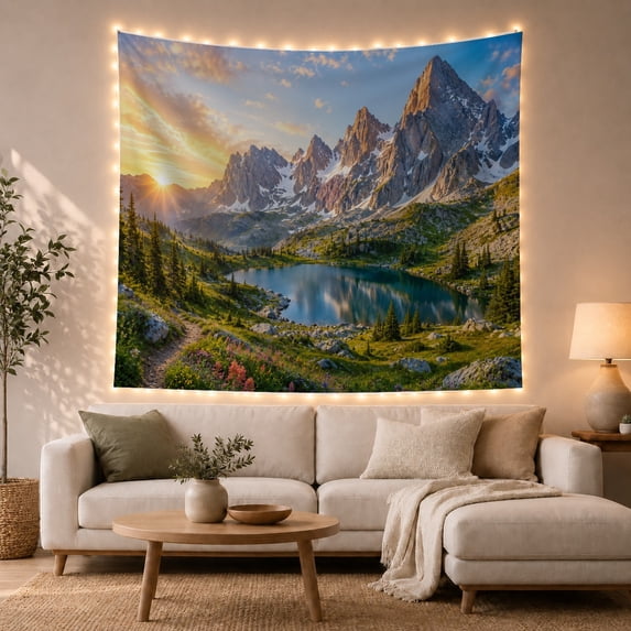 Snowy Peak Reflection in Lake by Winding Path, Peaceful Digital Art for Nature Lovers, Nature Wall Art, Housewarming Gift, Tapestry Wall Hanging for Bedroom and Living Room