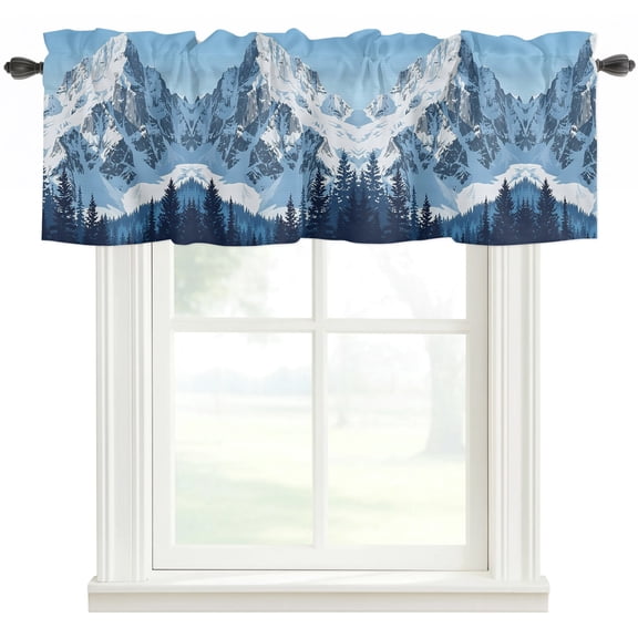 Snowy Peak Valances for Windows Farmhouse Kitchen Curtains Valances Rod Pocket Valance Curtains for Windows Pine Forest Winter Mountain Evergreen Trees Window Valances for Bathroom Bedroom 42"x12"