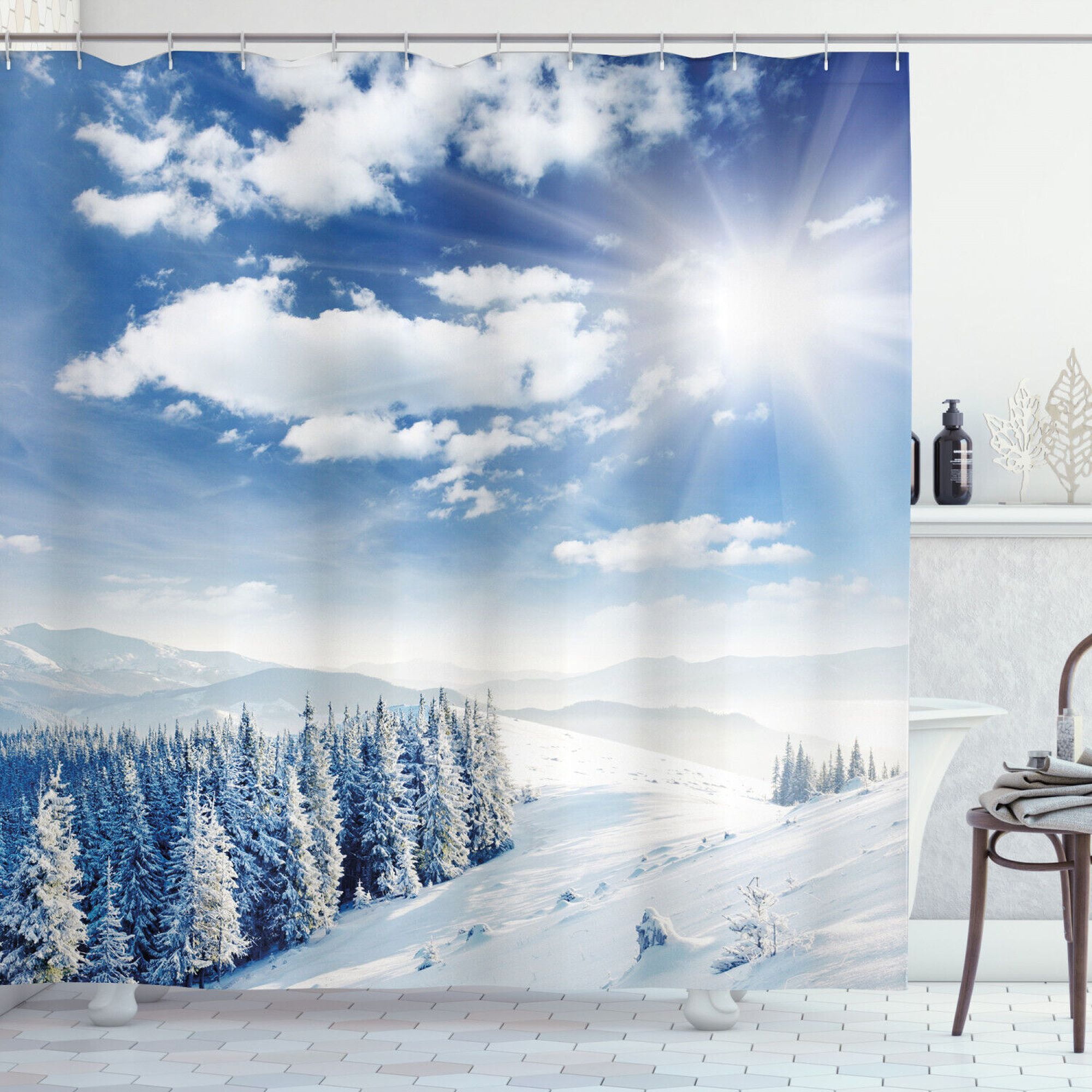 Snowy Peaks Bathroom Decor Idyllic Mountain Shower Curtain