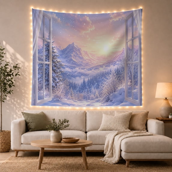 Snowy Peaks Above Layered Forests Beyond an Open Window, Dreamy Digital Art for Nature Lovers, Alpine Decor, Christmas Gift, Tapestry Wall Hanging for Bedroom and Living Room