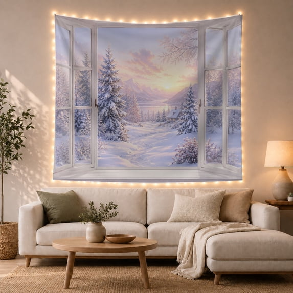Snowy Pine Forest & Mountain View Through Open Window, Serene Watercolor for Nature Lovers, Scenic Wall Art Decor, Christmas Gift, Tapestry Wall Hanging for Bedroom and Living Room