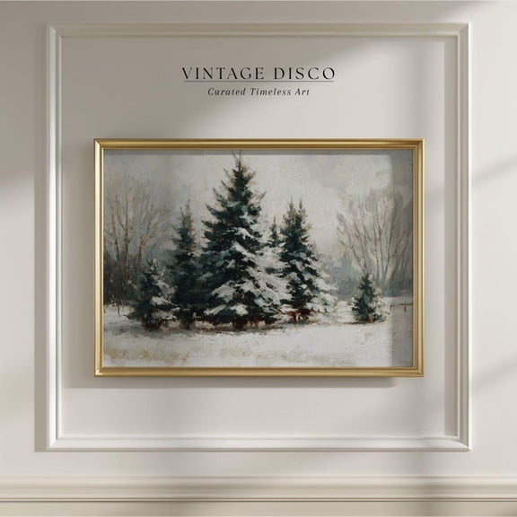 Snowy Pine Forest Neutral Winter Landscape Rustic Farmhouse Christmas Tree Holiday Artwork