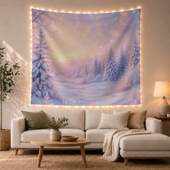 Snowy Pine Forest Under a Pastel Sky, Peaceful Watercolor for Nature Lovers, Winter Landscape Wall Art, Christmas Gift, Tapestry Wall Hanging for Bedroom, Living Room and Dorm