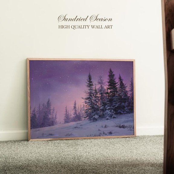 Snowy Pine Forest Purple Sky Peaceful Winter Violet Landscape, Unframed Canvas 8x10in