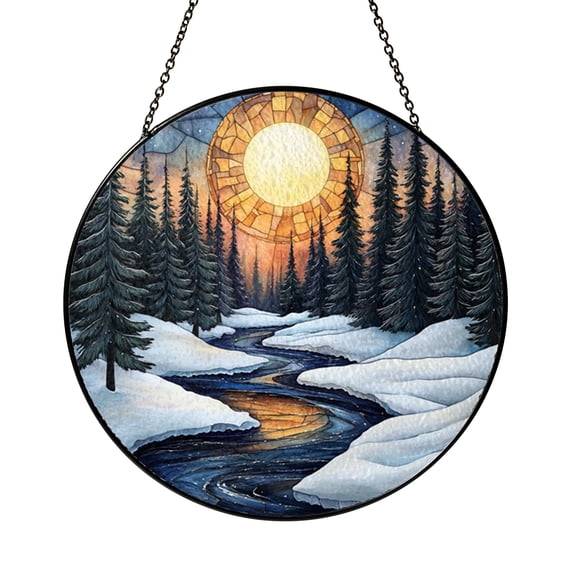 Snowy Pine Forest Stained Glass Suncatcher Window Decor, Winter Landscape Art Panel, Decorative Accent
