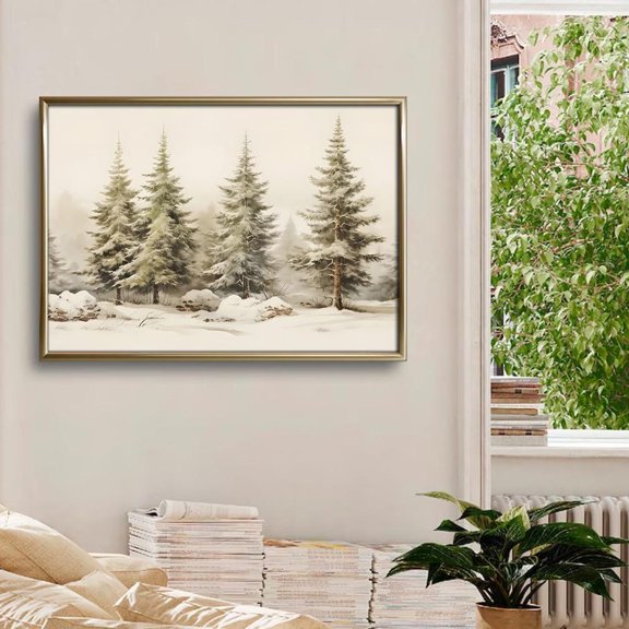 Snowy Pine Forest Wall Art Print, Peaceful Winter Woodland Landscape And Rustic Home Decor