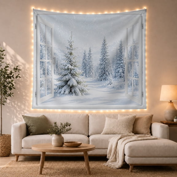 Snowy Pine Forest Within an Open Window View, Peaceful Digital Art for Nature Lovers, Winter Woodland Decor, Christmas Gift, Tapestry Wall Hanging for Bedroom and Living Room