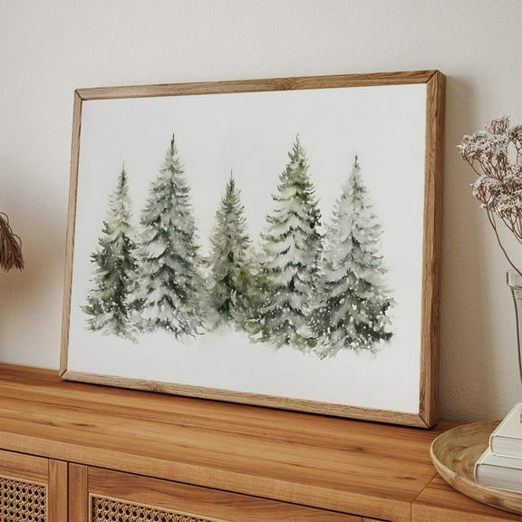 Snowy Pine Tree Art Winter Forest, Rustic Farmhouse Decor Unframed Paper Print