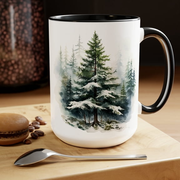 Snowy Pine Tree Mug Winter Forest Coffee Cup Watercolor Evergreen Tea Mug Serene Seasonal Ceramic Cup