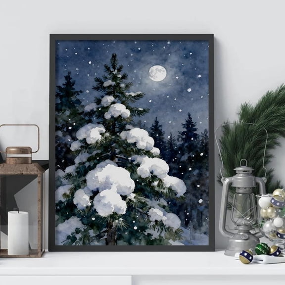 Snowy Pine Tree Wall Art, Winter Night Landscape Poster, Moonlight Forest Poster, Peaceful Seasonal Decor, Nature Lover Gift Home Decor, 8x12 UNFRAMED