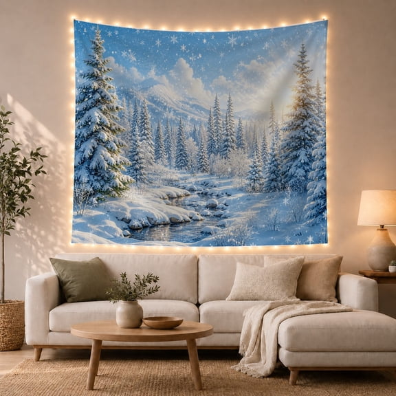 Snowy Pine Trees in a Rocky Mountain Valley, Serene Illustration for Nature Lovers, Winter Landscape Wall Art Decor, Holiday Gift Tapestry Wall Hanging for Bedroom and Living Room