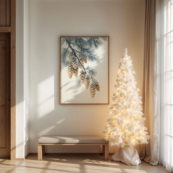 Snowy Pinecone Branch Winter Wall Art Home Decor Unframed Paper Print