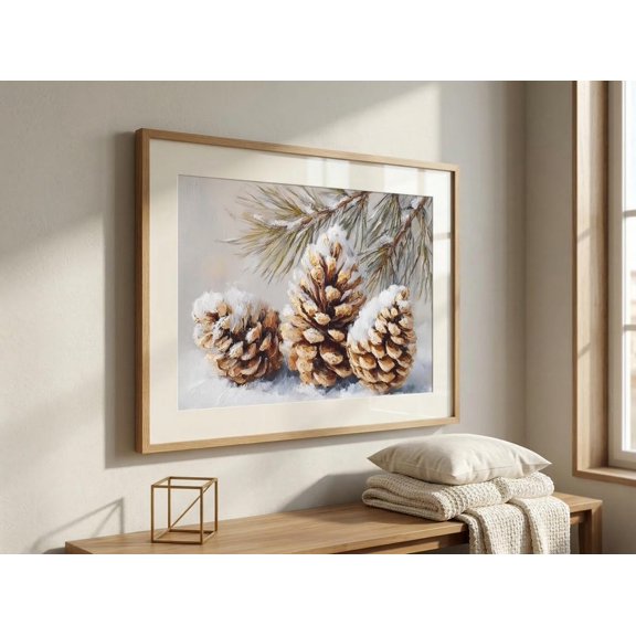 Snowy Pinecone Print Rustic Winter Farmhouse Wall Art Festive Pine Tree Art Minimalist Christmas Decor Winter Style Holiday, Unframed Paper Print