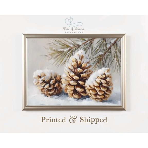 Snowy Pinecone Rustic Winter Farmhouse Wall Art Festive Pine Tree Minimalist Decor, Unframed Paper Print