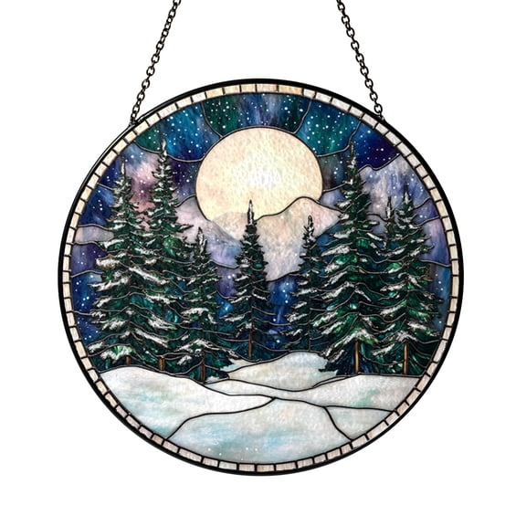 Snowy Pines Stained Glass Style Suncatcher Window Hanging Decor, Round Evergreen Trees and Snowfall Glass Window Panel Art, Decorative Winter Scene Window Ornament for Living Room
