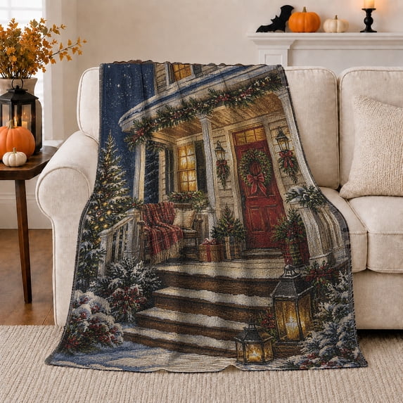 Snowy Porch with Red Door and Lanterns, Warm Winter Style for Holiday Lovers, Christmas Entry Scene and Housewarming Gift, Soft Flannel Blanket for Guest Room and Cabin, Home Decor