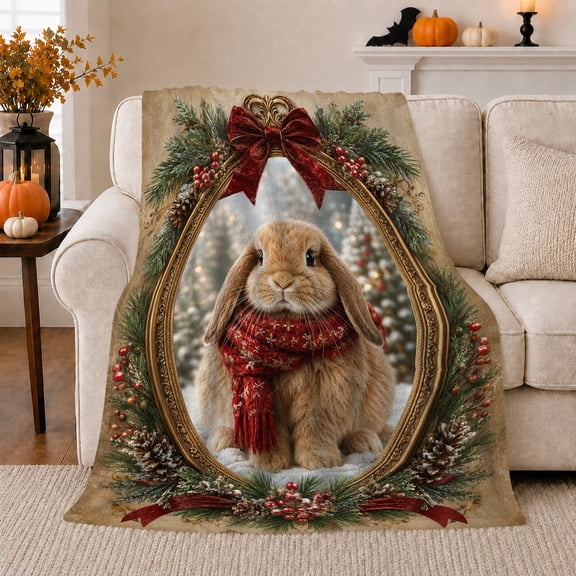 Snowy Rabbit Red Scarf Winter Forest Framed Wreath, Festive Holiday Scene, Warm Flannel Blanket for Cabin and Lodge, Art Lovers Housewarming Gift, Festive Home Decor