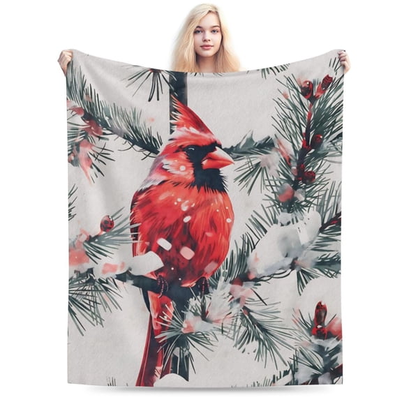 Snowy Red Cardinal Fleece Blanket - Lightweight Soft for decorating your living room or bedroom 50x40
