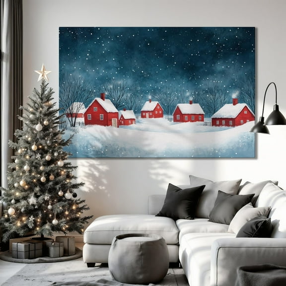 Snowy Red Houses Wall Art Winter Village Landscape Poster Cozy Winter Wall Decor Snow Scene Poster Ready To Hang Gift, Unframed Poster Size 8x12