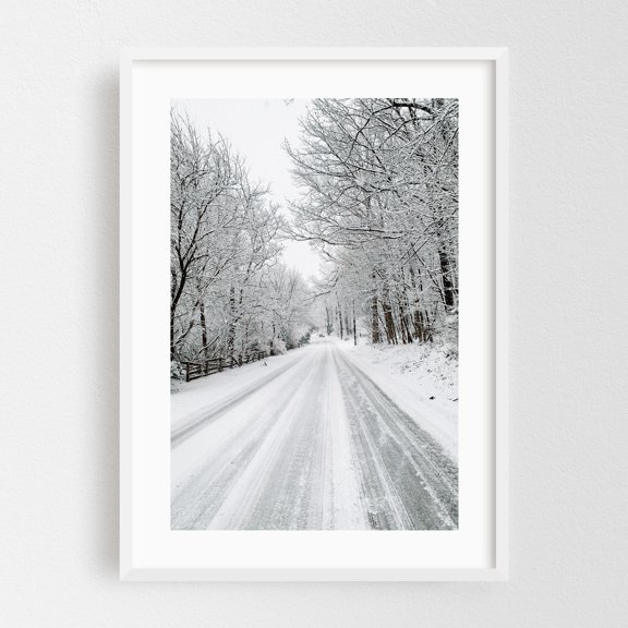 Snowy Road 02 - Glen Rock Pennsylvania Photography Snow Winter Nature Landscape Scenic Forest Rural White Framed Wall Art Print 5 x 7 inches