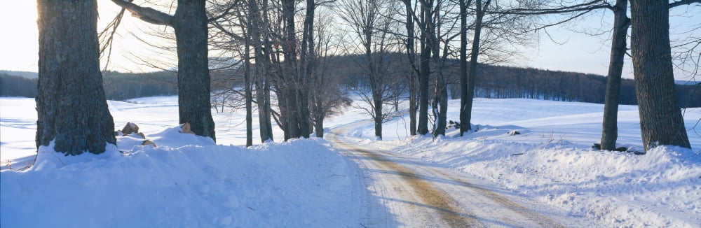 Snowy Road at Sunset Near Woodstock Vermont Canvas Art - Panoramic Images (27 x 9)