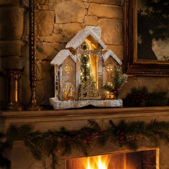 Snowy Roof LED Lights Christmas Church Christmas Wooden House, Christmas Church House with Snowy Roof and Faux Pine Trees Warm Light for Village Winter Home Decor