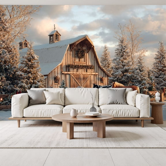 Snowy Rustic Barn Horses Wallpaper Winter Countryside Landscape Evergreen Peel and Stick Wall Murals 69"H x 96"W Removable PVC Wall Paper Self-Adhesive Wall Decor for Bedroom Living Room