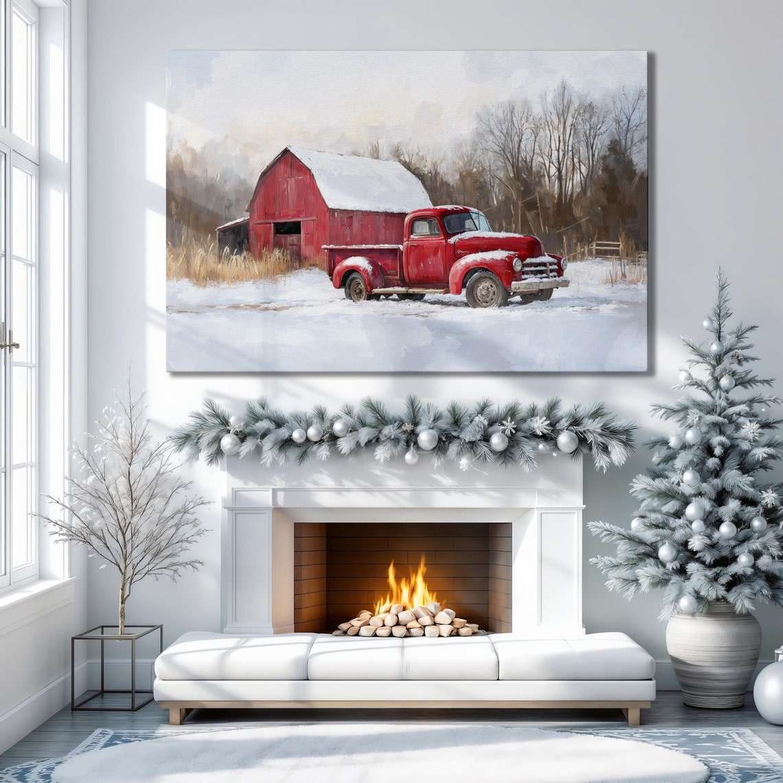 Snowy Rustic Red Barn Wall Art Red Pickup Truck Poster Winter Forest ...