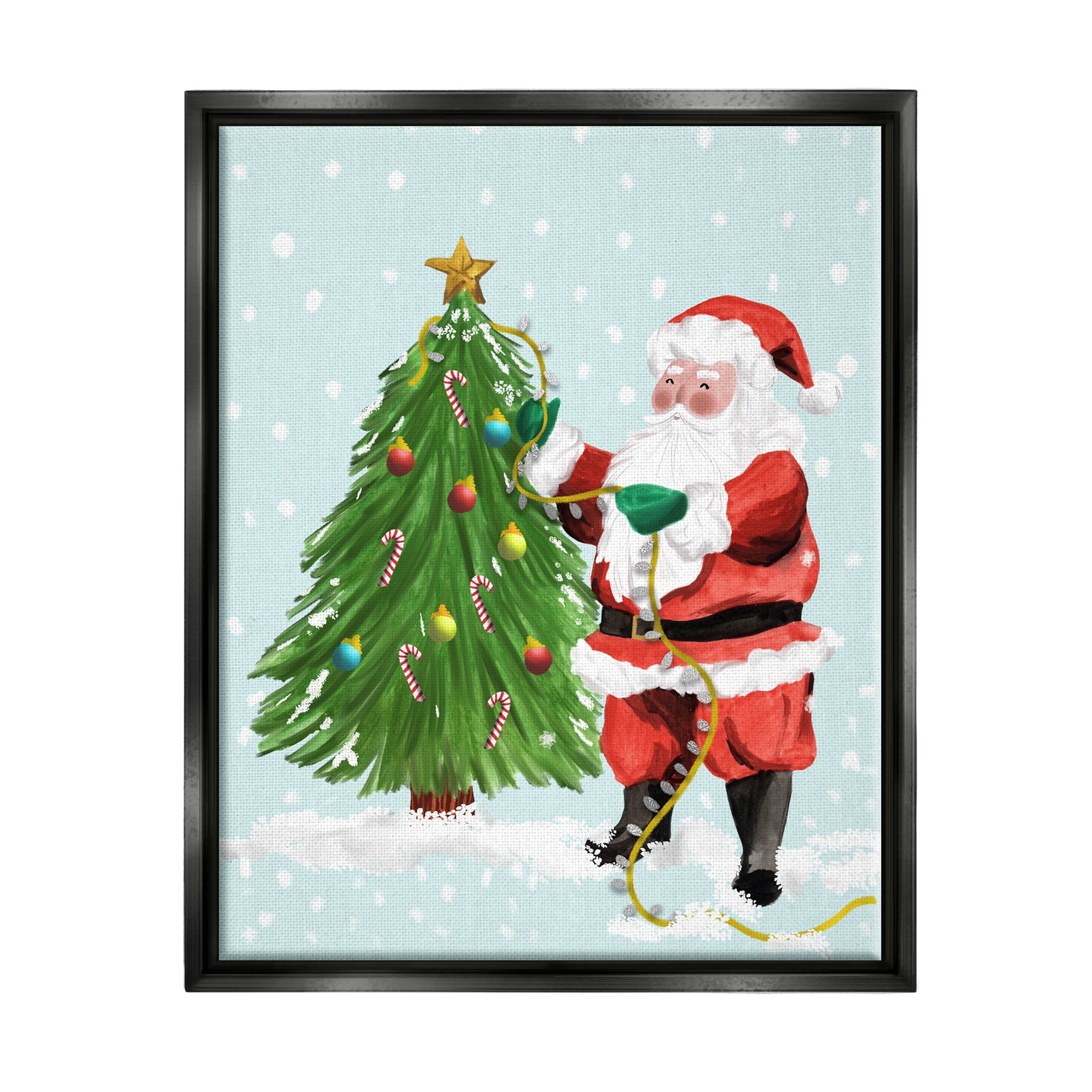 Snowy Santa Claus Tree Scenery Holiday Graphic Art Jet Black Framed Art Print Wall Art