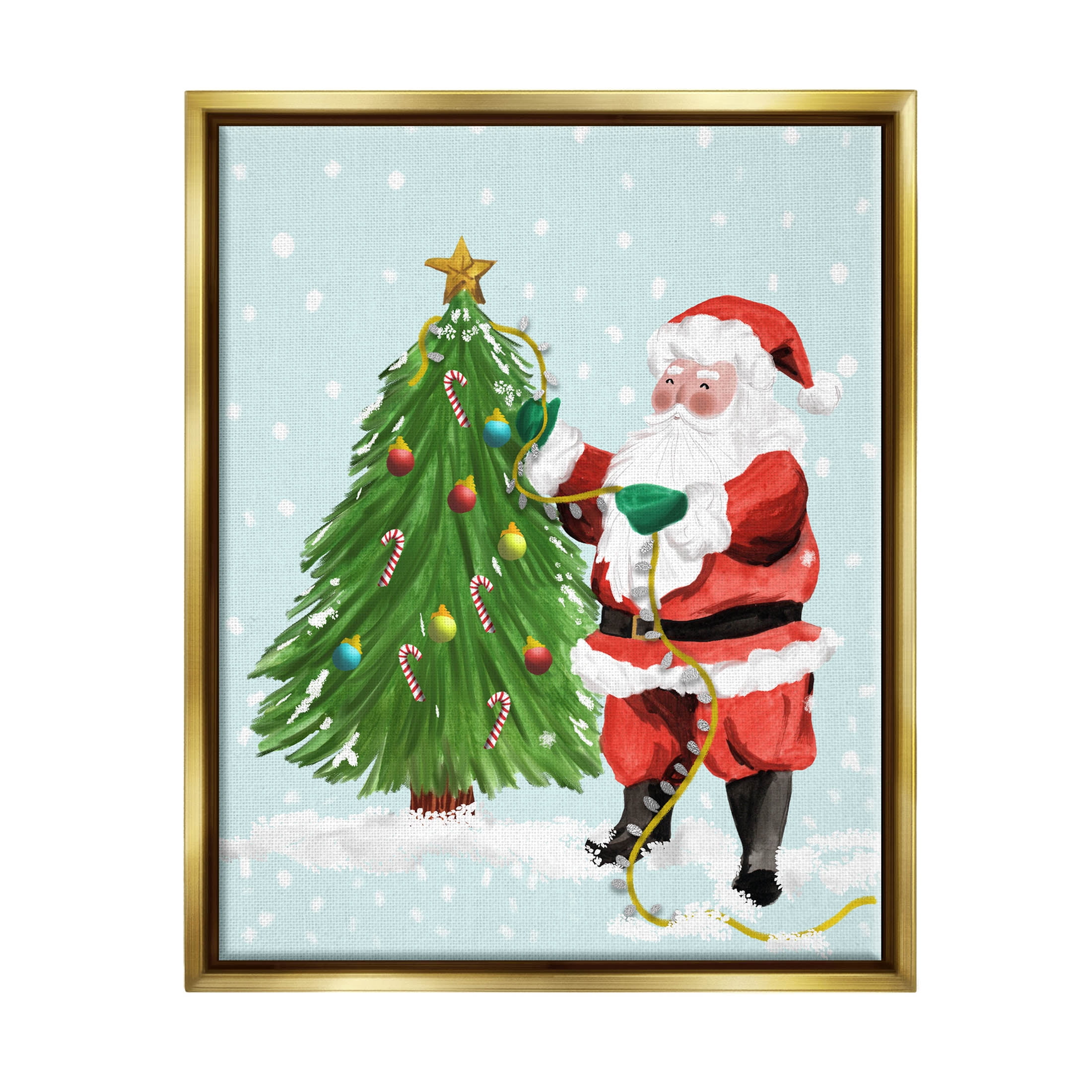 Snowy Santa Claus Tree Scenery Holiday Graphic Art Metallic Gold Framed Art Print Wall Art