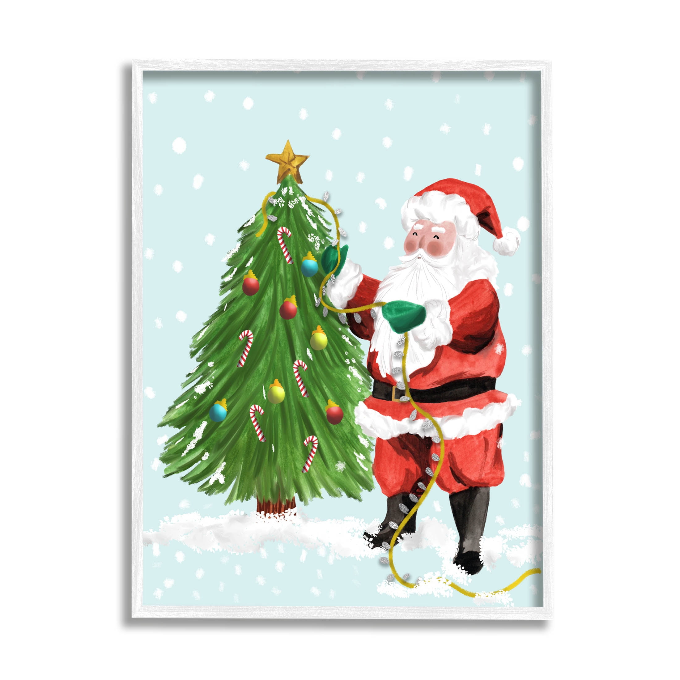 Snowy Santa Claus Tree Scenery Holiday Graphic Art White Framed Art Print Wall Art