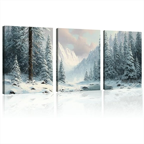 Snowy Serenity Modern Abstract Canvas Wall Art Framed Landscape Painting with Snow-Covered Pine Trees & Mountain Scene, High-Quality Ink Print for Living Room12*16inch*3pcs
