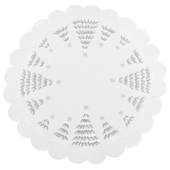 Snowy Silver Christmas Tree Scene on Ivory Table Topper (23" Round)