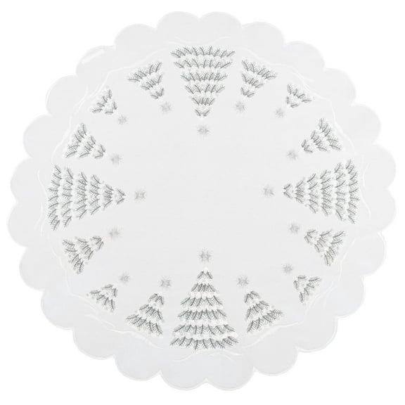Snowy Silver Christmas Tree Scene on Ivory Table Topper (23" Round)