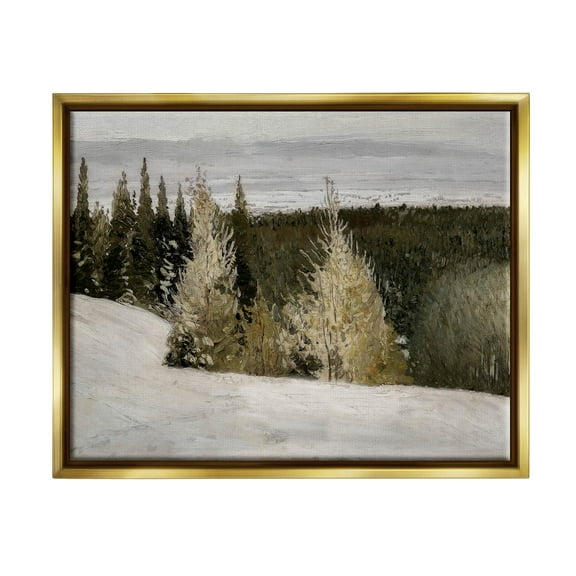 Snowy Slopes Woodland Nature Landscape Painting Metallic Gold Framed Art Print Wall Art