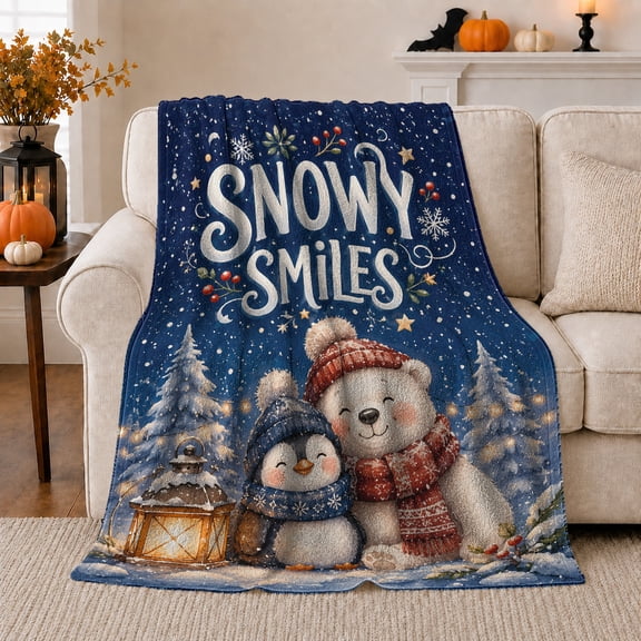 Snowy Smiles Quote with Bear Penguin Lantern and Pine Trees, Cute Winter Animal Art, Blue Snowfall Motif Cozy Flannel Blanket, Christmas Gift for Kids Room Home Decor