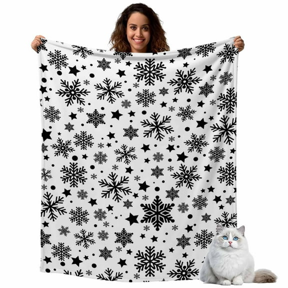 Snowy Snowflakes Christmas Season Throw Blanket Flannel Fleece Throws, Black White Lightweight Super Soft Warm Blankets for Couch Sofa Bed All Season Use, 40x50 in