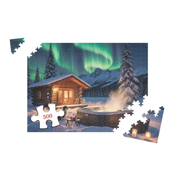 Snowy Spa Serenity 500 Piece Adult Jigsaw Puzzle for Game Nights and Relaxation 20.5x15 Inch Winter Cabin Northern Lights Hot Tub Scene Challenging Puzzle for Adults