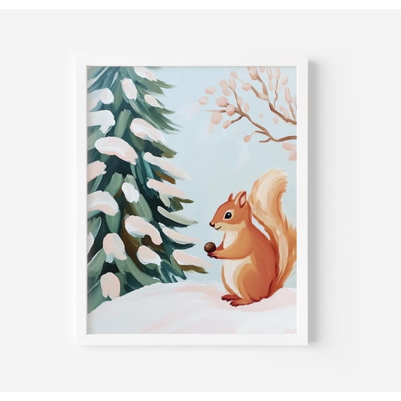 Snowy Squirrel Winter Art Poster Home Decor, Unframed Canvas Size 16x24 F03.1.19l874