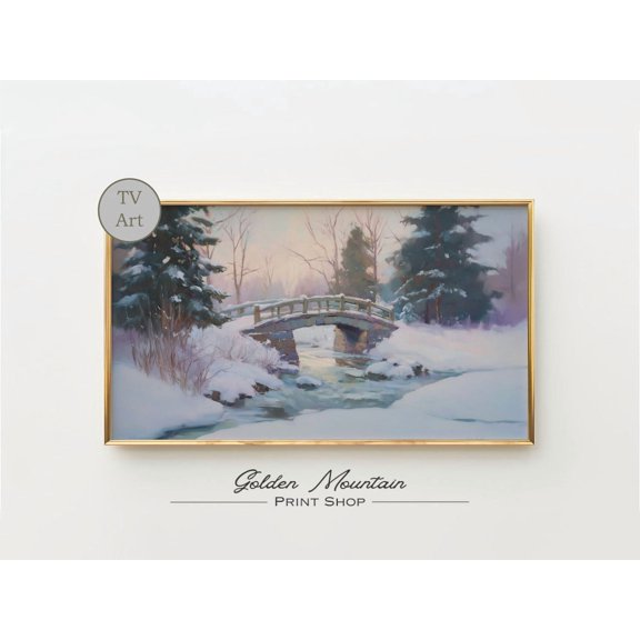 Snowy Stone Bridge, Winter Landscape, Winter Holiday Scene, Cozy Cabin Aesthetic For Seasonal Wall Display Home Decor UNFRAMED Poster, Wall Art for Decor, Present, 12x18