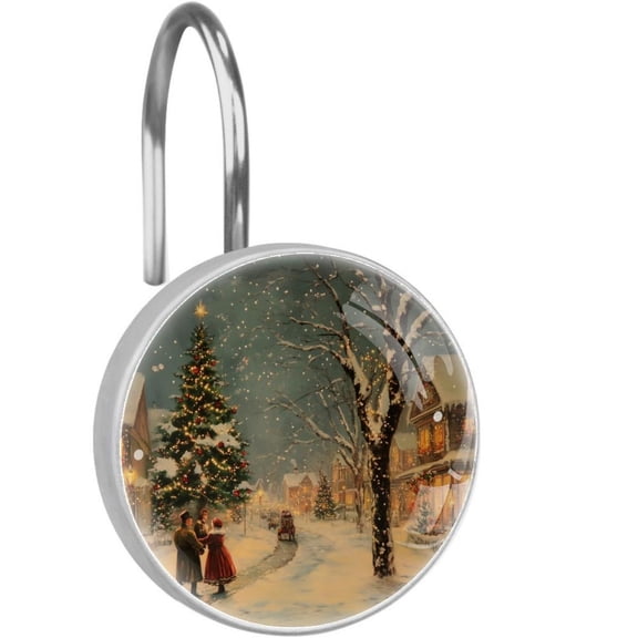 Snowy Street at Christmas Shower Curtain Hooks Round Crystal Glass, Set of 12 Shower Curtain Rings - Shower Hooks for Curtain Shower Rings