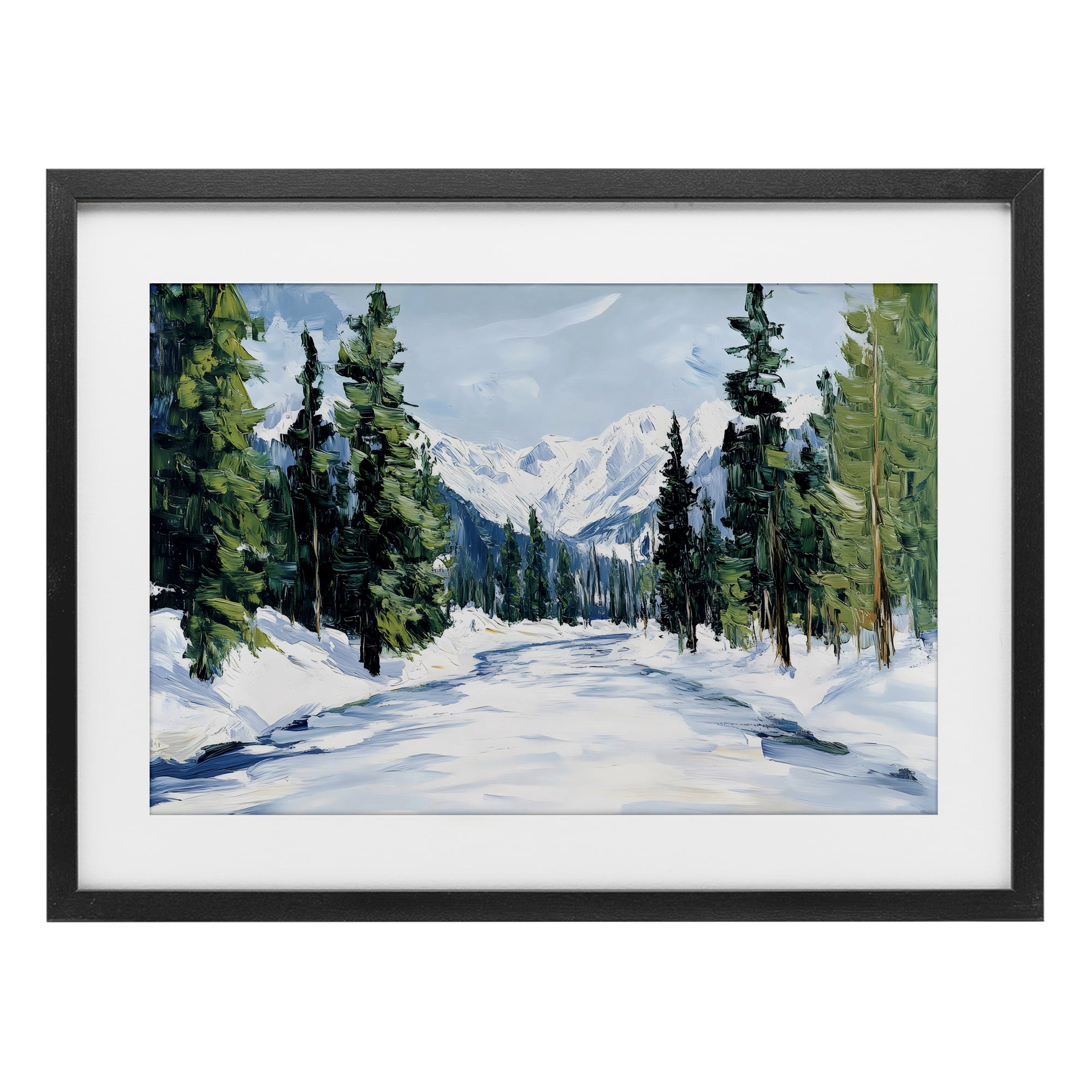 Snowy Tall Tree Pass Black Framed Print Under Glass, design by Petal Prints Design