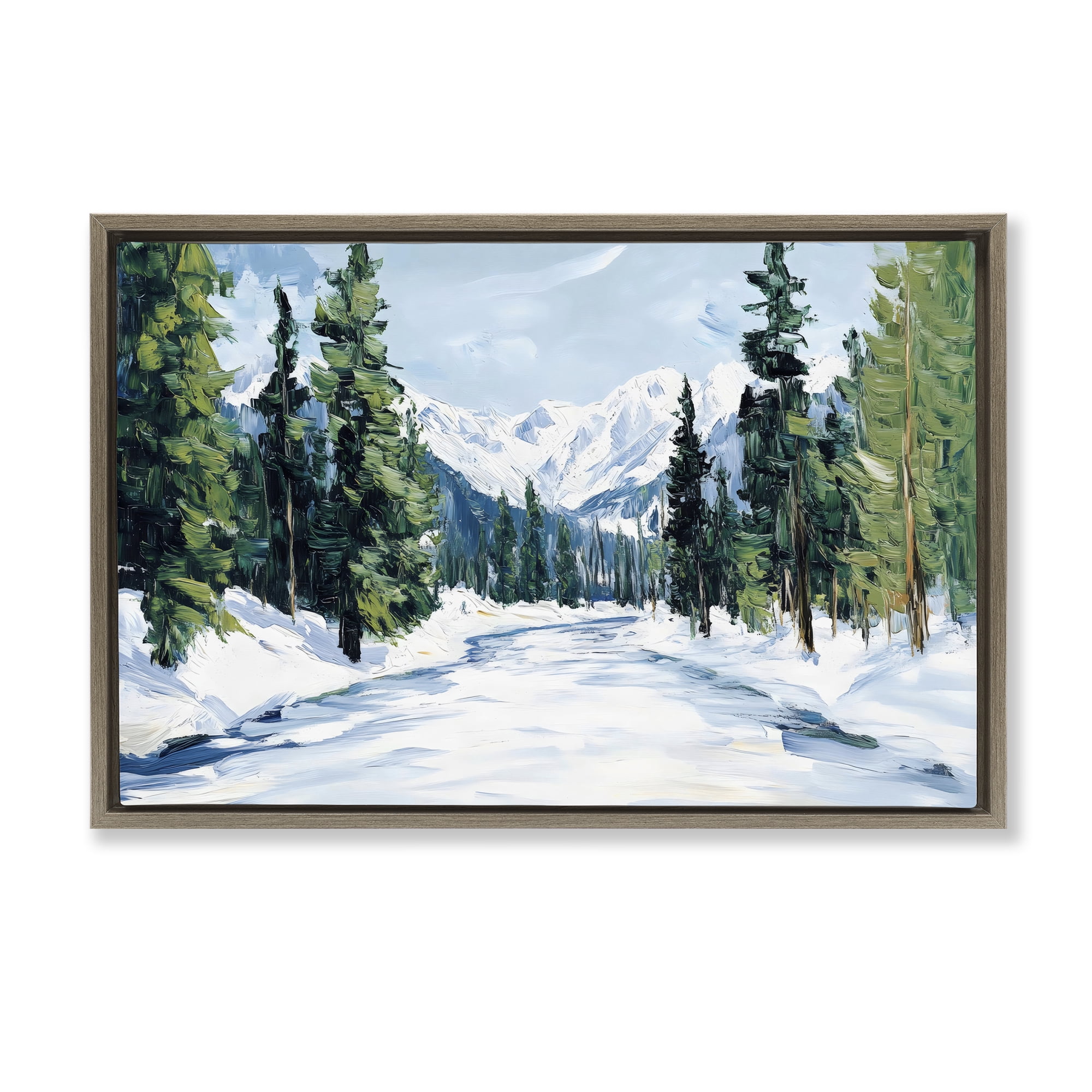 Snowy Tall Tree Pass Brown Framed Floater Canvas Wall Art, design by Petal Prints Design