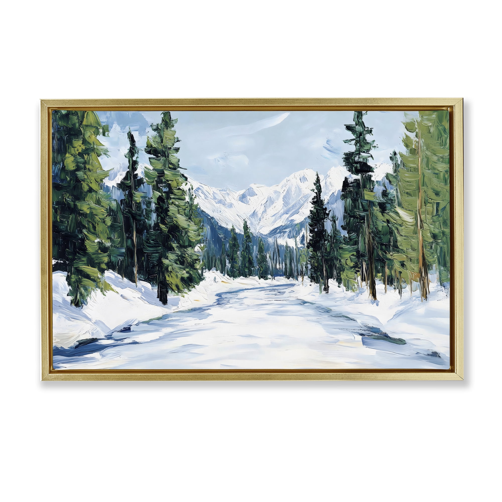 Snowy Tall Tree Pass Gold Framed Floater Canvas Wall Art, design by Petal Prints Design