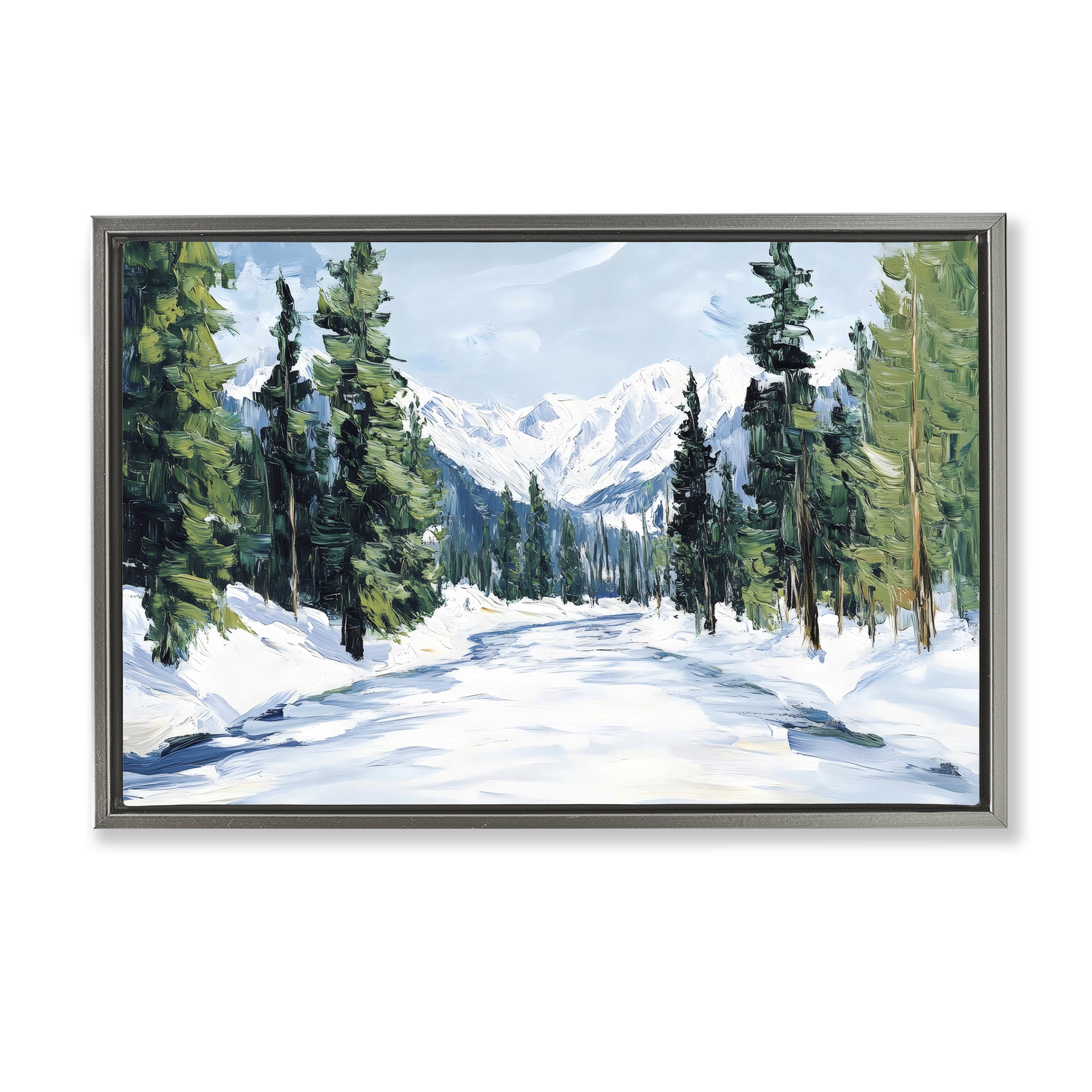 Snowy Tall Tree Pass Gray Framed Floater Canvas Wall Art, design by ...